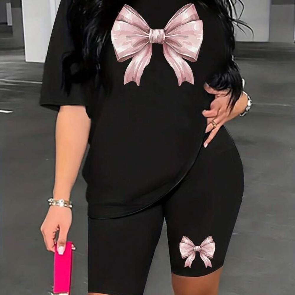 Black Two-Piece Set with Pink Bow Graphics